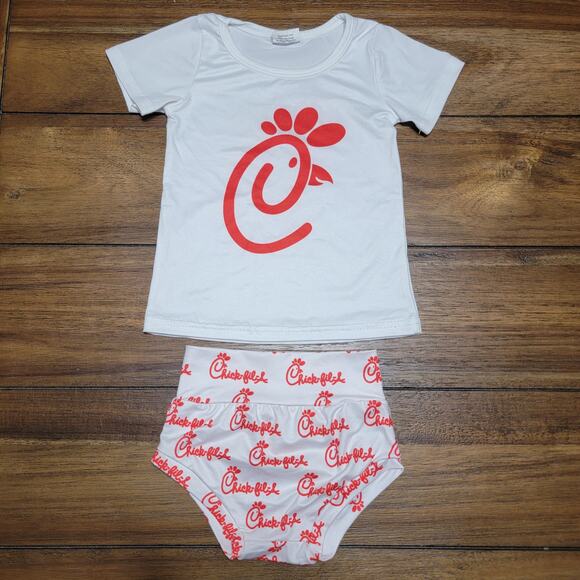 2 Pc Chick-fil-A Infant White & Red Logo Tee & Bottoms Set - Size 12-18M (XS) - Picture 1 of 6
